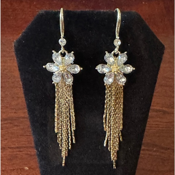 Shiny Crystal Flowers with Gold tone Chain Tassel Glam, Holiday Party Earrings - Picture 2 of 7